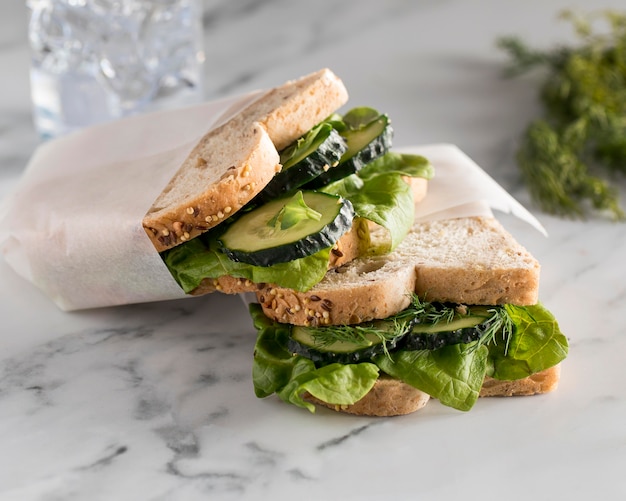 High Angle of Sandwiches with Greens and Cucumber