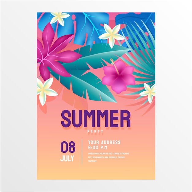 Vertical Flyer Template with Gradient Summer Flowers and Leaves