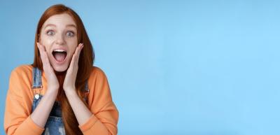 Excited Thrilled Young Emotional Enthusiastic Ginger Girl Teenage College Student Yelling Amused Smile