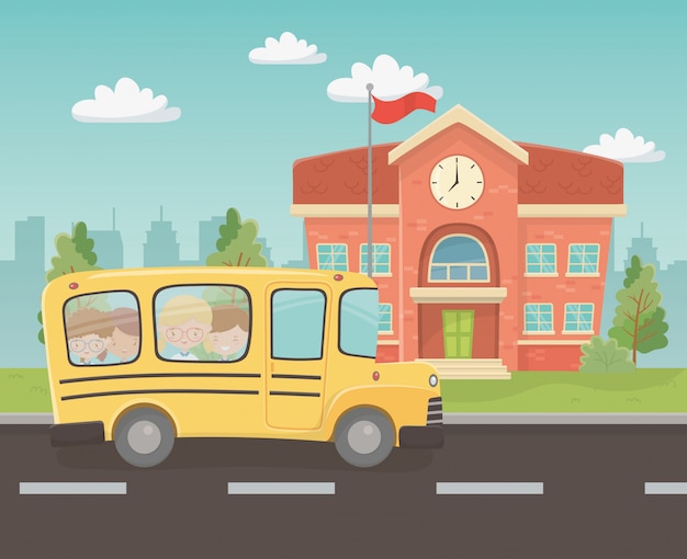 School Building, Bus, and Kids: Free Stock Photo Download