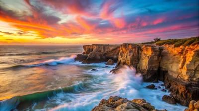 Dramatic Sunset Over Rocky Ocean Cliffs with Waves Crashing – Free Stock Photo Download