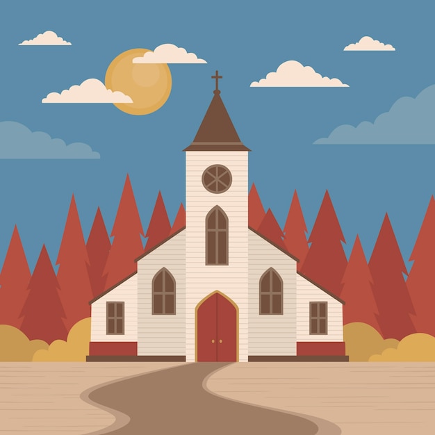 Flat Design Church Building Illustration