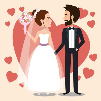 Just Married Couple with Hearts Avatars Characters