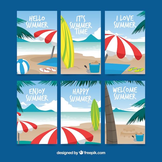 Summer Cards with Beach Views – Free Download Vector Templates