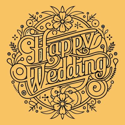 Happy Wedding Hand Drawn Calligraphy with Floral Details