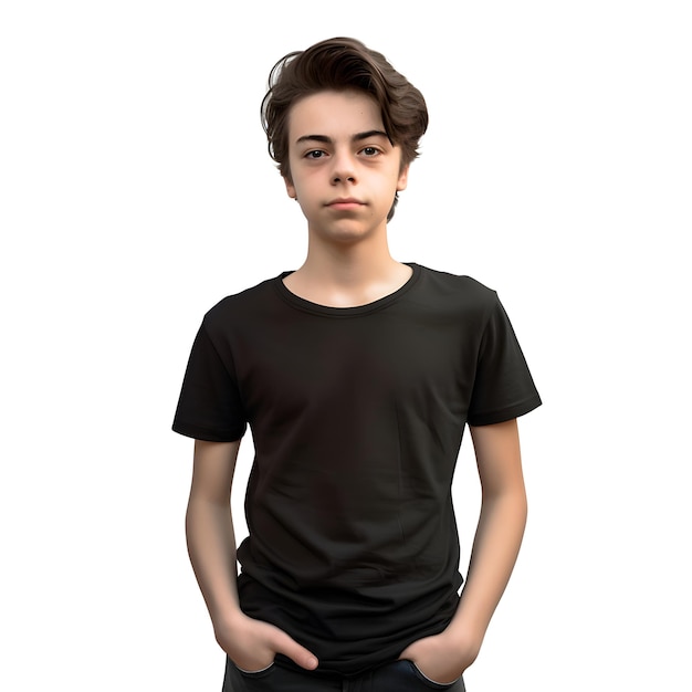 Young Man in Black T-Shirt Isolated on White Background with Clipping Path