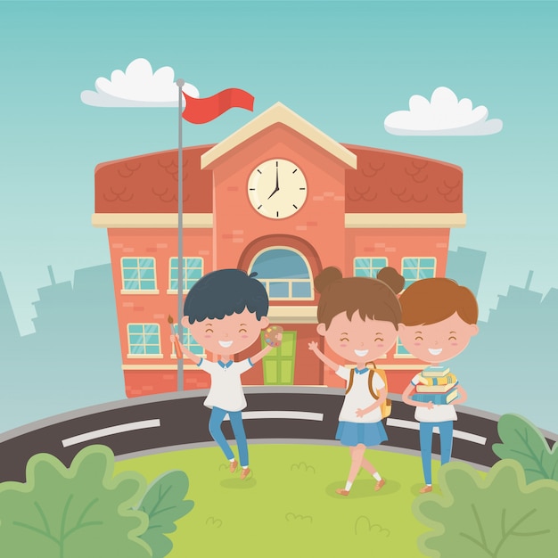 School Building with Kids Vector Templates for Free Download