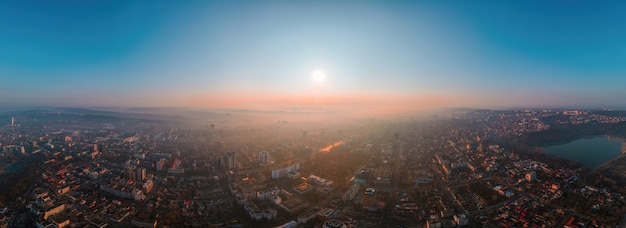 Aerial Drone Panorama View of Chisinau, Moldova at Sunrise