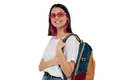 Studio Portrait of Young Teenage Student Girl with Backpack