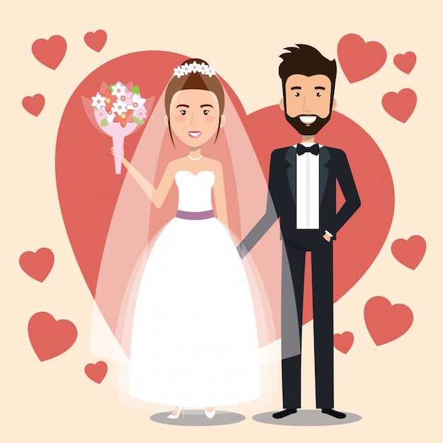 Just Married Couple with Hearts Avatars Characters