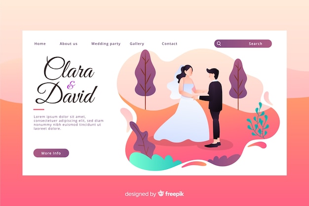 Flat Design Colorful Wedding Landing Page with Newlyweds Characters