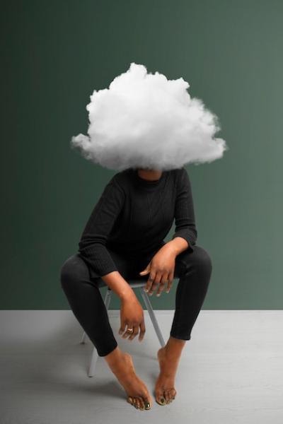 Woman with cloud-shaped head front view