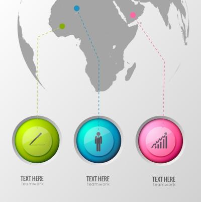 Business Infographic Design Concept with Three Glossy Circle Buttons and Lines Point Locations on Earth Globe Illustration