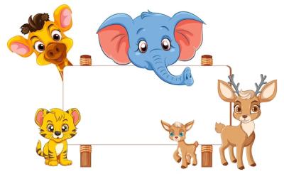 Wild Animals Cartoon Standing in Front of Signboard Banner