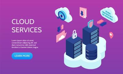 Cloud Technology Horizontal Banner with Cloud Services Symbols Isometric Vector Illustration