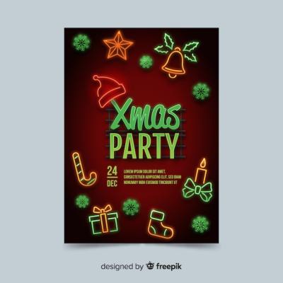 Christmas party neon elements flyer template