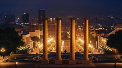 Plaza de Espana Venetian Towers Fountain and Columns in Barcelona Spain at Night