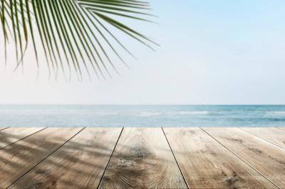 Beach product backdrop with wooden counter