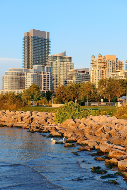 Toronto cityscape at waterfront in the morning after sunrise