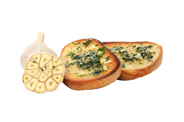 PNG Pieces of garlic bread and garlic isolated on white background