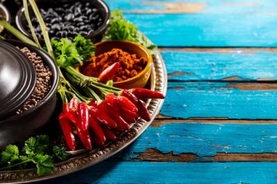 Beautiful Tasty Appetizing Ingredients Spices Grocery Red Chilli Pepper Black Bowls for Cooking Healthy Kitchen