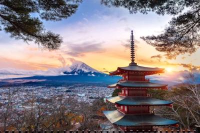 Beautiful Landmark of Fuji Mountain and Chureito Pagoda at Sunset, Japan