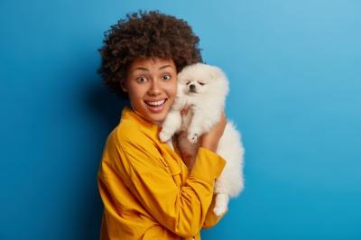 Happy Animal Owner with Little Pedigree Pet at Home