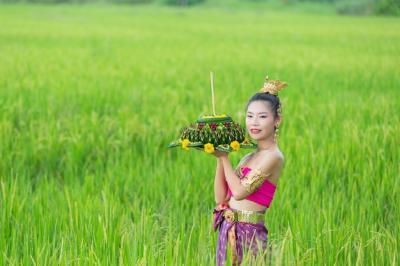 Asia woman in Thai dress traditional hold kratong. Loy krathong festival