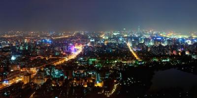 Beijing at night aerial view with urban buildings