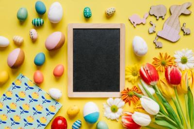 Composed Black Chalkboard with Easter Eggs