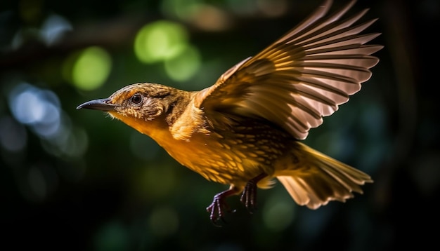 Small bird perching on branch spread wings generative AI