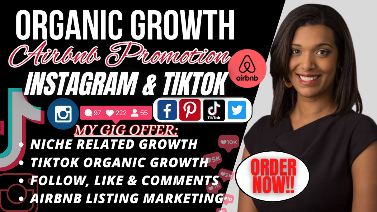 I will do Instagram organic growth, TikTok follower engagement, TikTok Airbnb promotion