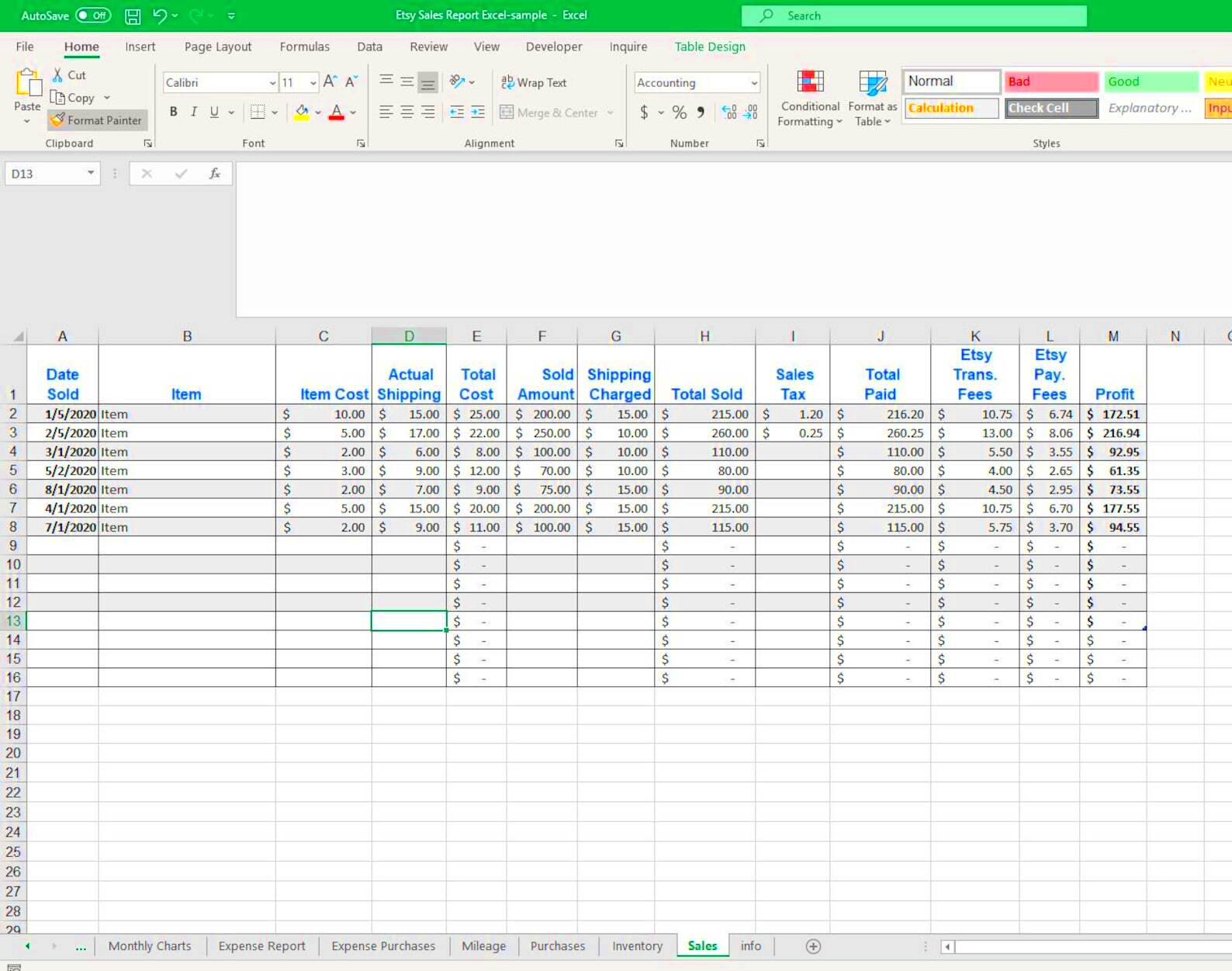 Etsy Sales Excel Spreadsheet Google Sheets Report Expense and Etsy UK