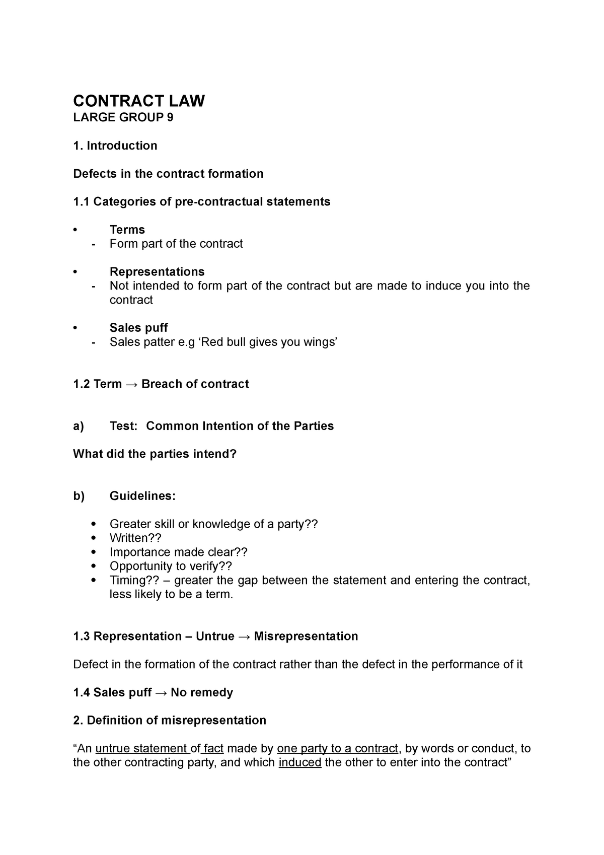 Contract LAW defects CONTRACT LAW LARGE GROUP 9 Introduction Defects 