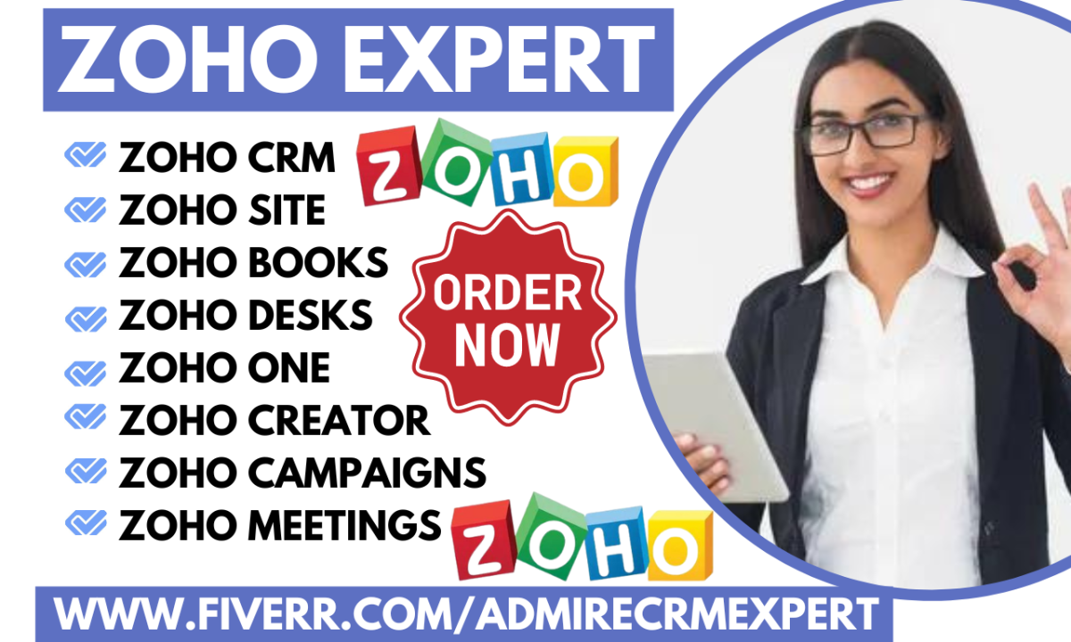 I will help you set up Zoho CRM, Zoho automation, Zoho site, Zoho books, Zoho forms, Zoho creator