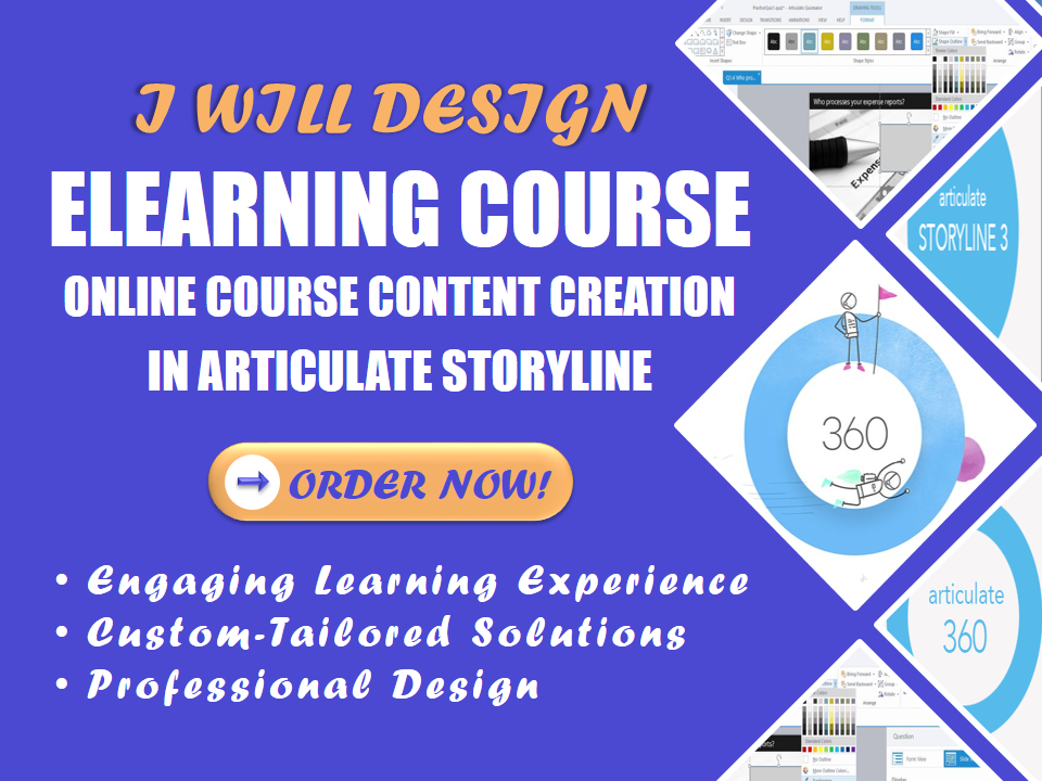 I will design elearning course, online course content creation in articulate storyline