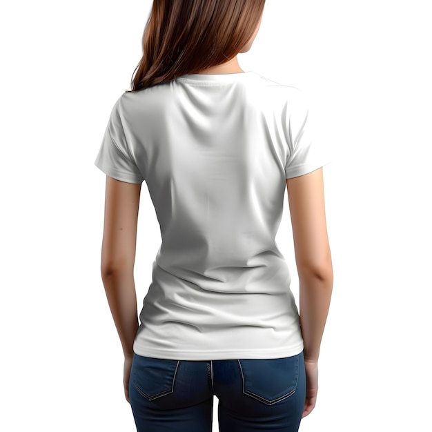 Woman in blank white t shirt front view isolated on white background