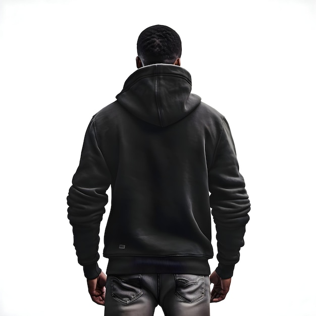 Back View of Man in Black Leather Jacket on White Background