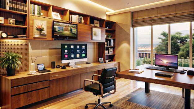 Modern home office with wooden desk large window and city view