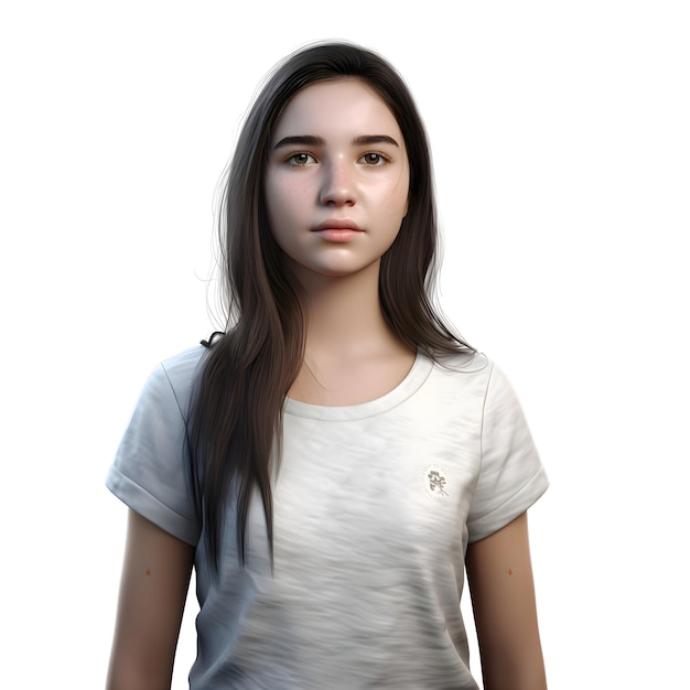 Beautiful Teenager Girl with Long Hair in 3D Rendering on White Background