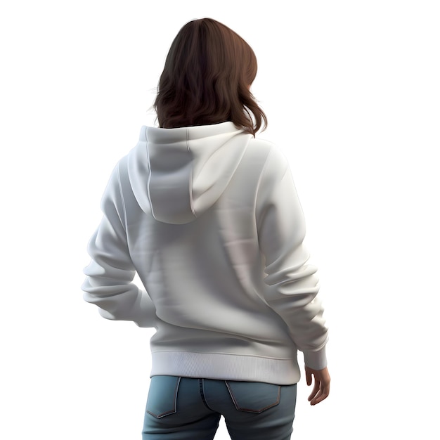 Back view of a young woman in white hoodie on white background