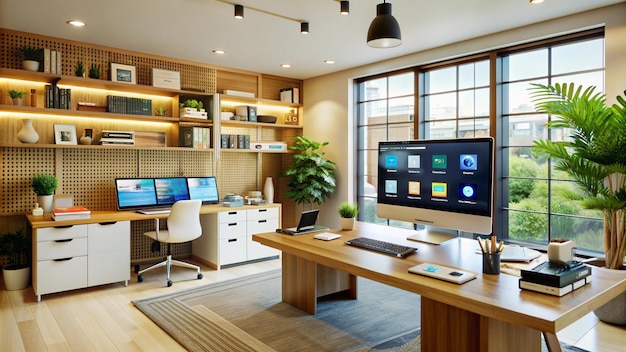 Modern home office with large windows wooden desk and computer