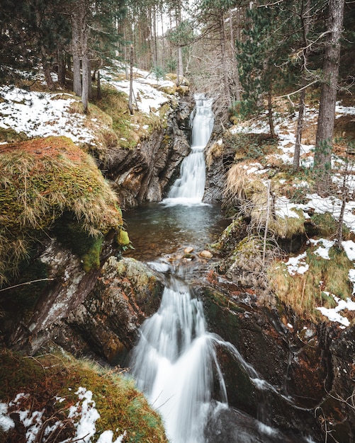 Vertical shot of waterfall cascades in the middle of the forest in winter – Free Stock Photo Download