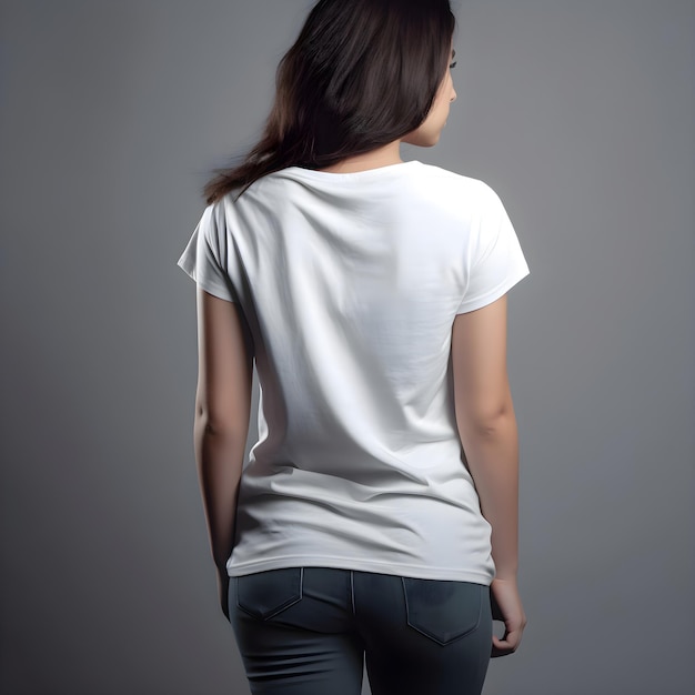 Back view of woman in blank white t shirt on grey background