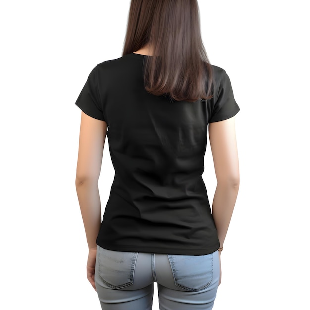 Women in Blank Black T-shirt Back Side Isolated on White Background