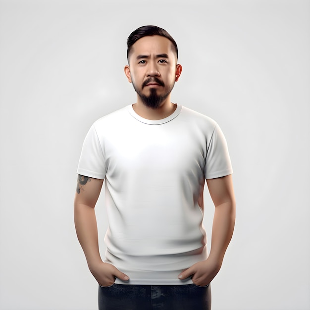 Youthful Man in White T-Shirt Mockup on Grey Background