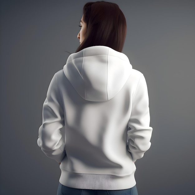 Back view of woman in white hoodie on grey background mock up