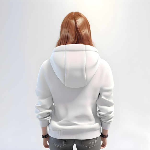 Back view of a young woman in a white hoodie on a gray background