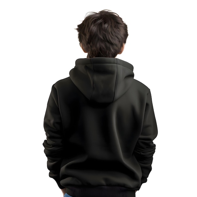 Rear view of young man in black hoodie on white background