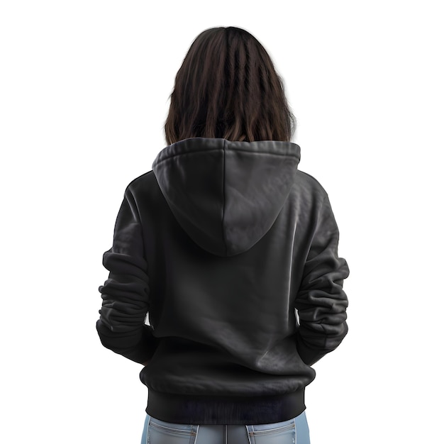 Black Leather Jacket: Back View of Young Woman (Isolated on White Background)